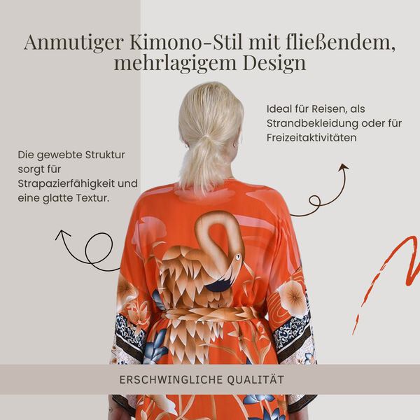 Kimono mit Gürtel, Vogel- und Blumenmuster, 128×78 cm, Orange image number 7